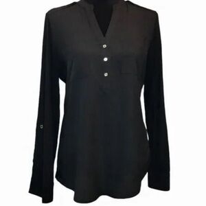Calvin Klein Women’s Long Sleeved Vneck Black Blouse with Decorative Buttons